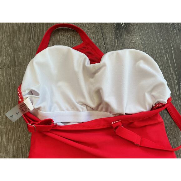 One Piece Ruched Side Halter‎ Neck Mesh Detail Red Bathing Swim Suit Womens XS - Picture 7 of 9